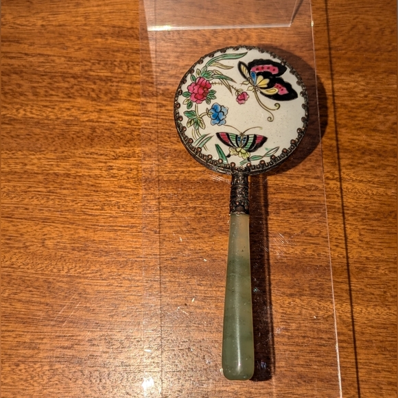 Butterfly Purse size Hand Mirror With Ornate Trim and Green Handle - Picture 7 of 9